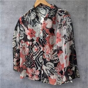 Nicola Button Blouse Sheer Red Black Tank Top Set Large